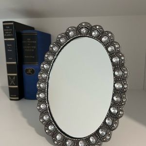 Vanity Mirror Silver tone Marcasite-Look Rhinestones Vintage Style Mirror